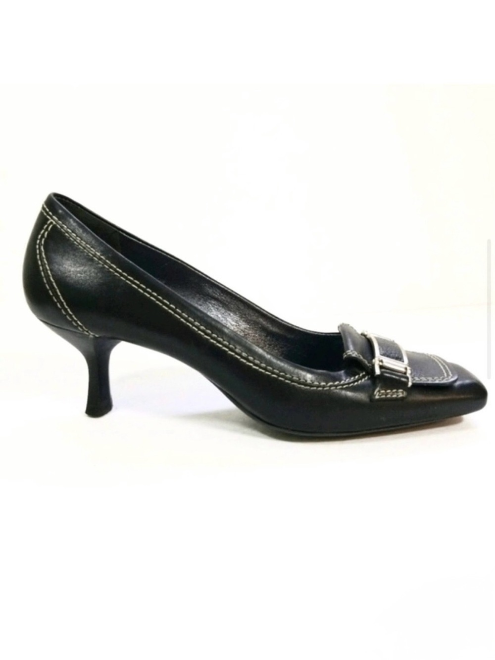 COLE HAAN Black Leather Square Toe Kitten Heels Silver Buckle Pump